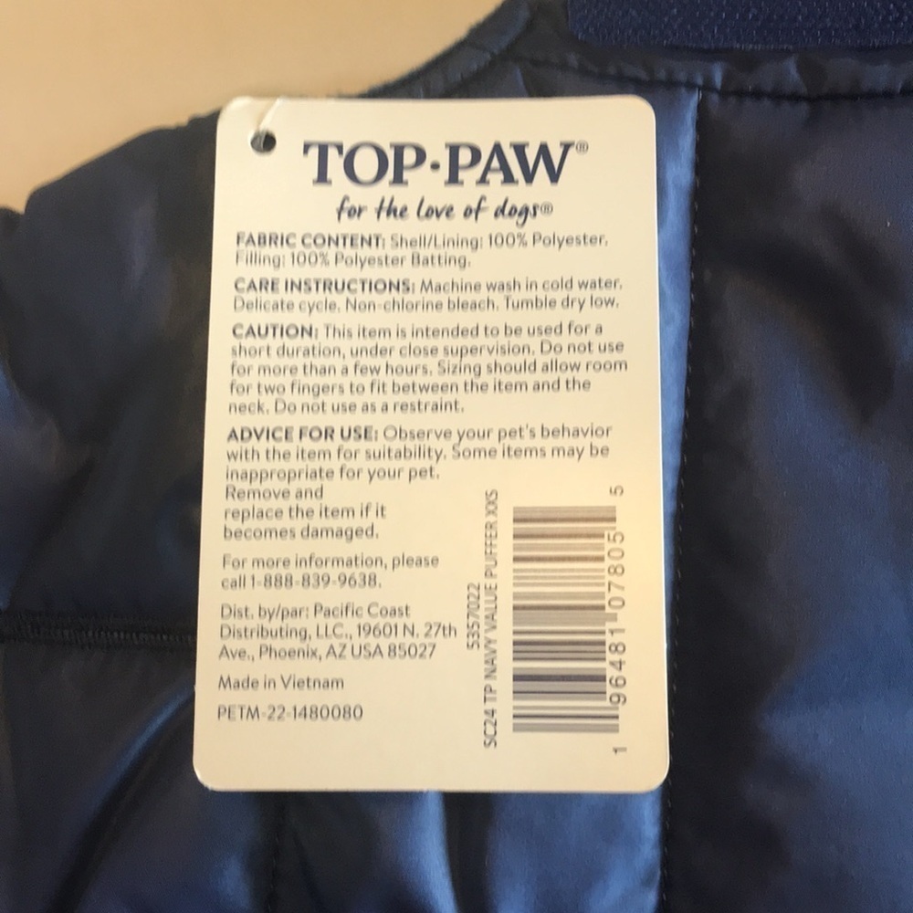 Top Paw Navy Dog Puffer Jacket Pick a Size Water Resistant Vest NWT - Picture 4 of 10
